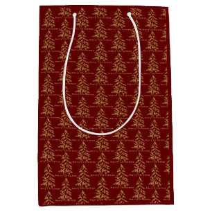 Festive Red Burgundy Gold Trees Merry Christmas Medium Gift Bag
