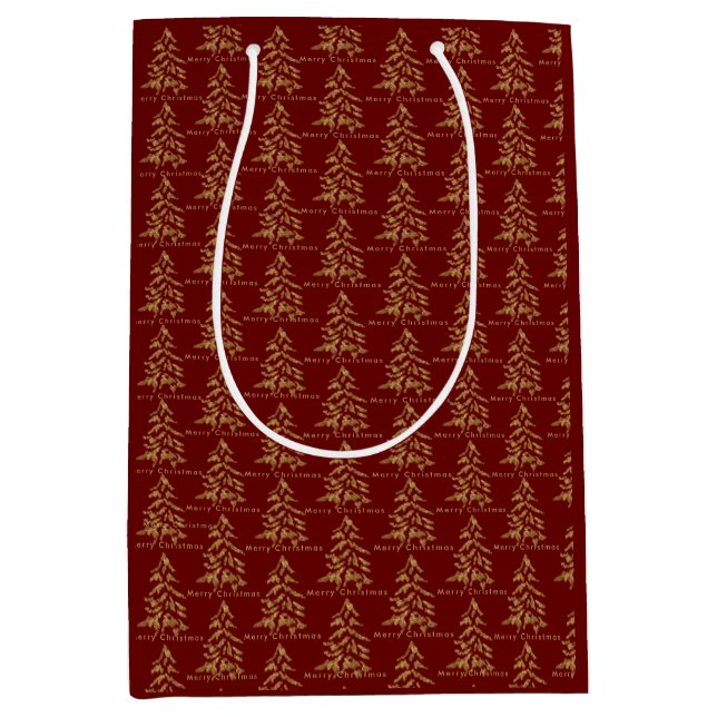 Festive Red Burgundy Gold Trees Merry Christmas Medium Gift Bag (Front)