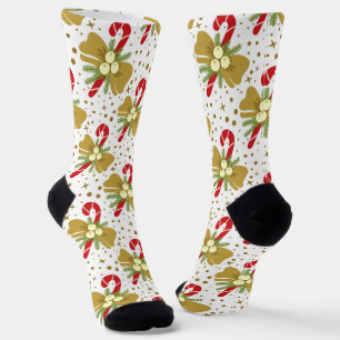Festive Red Candy Canes with Gold Bows Christmas Socks