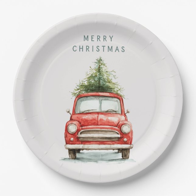 Festive Red Car with Christmas Tree Paper Plates (Front)