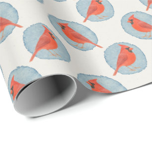 Festive red cardinal bird in watercolor dots wrapping paper