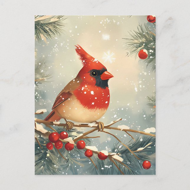 Festive red Cardinal Christmas Greeting Postcard (Front)