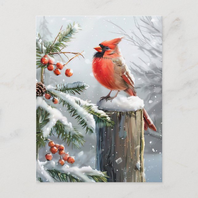 Festive red Cardinal Christmas Greeting Postcard (Front)