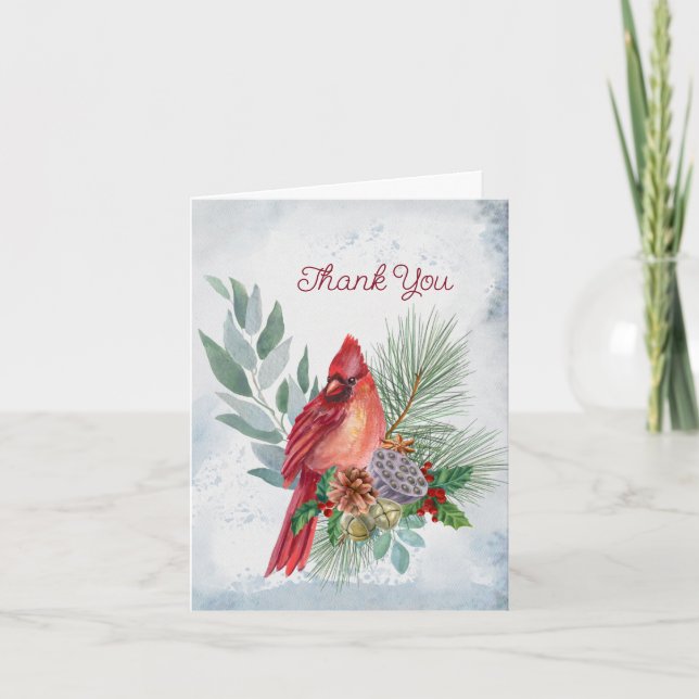 Festive Red Cardinal Floral Thank You Card (Front)