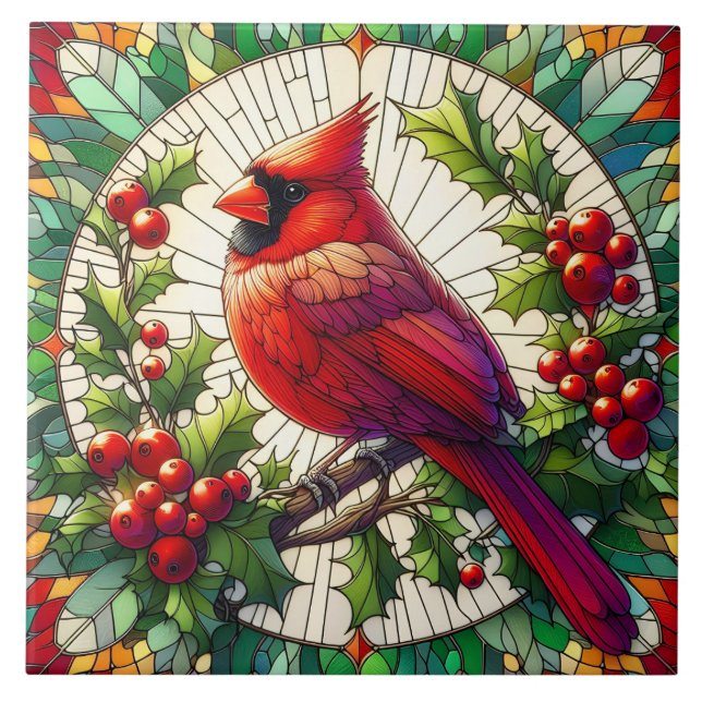 Festive Red Cardinal Stained Glass Art Tile (Front)