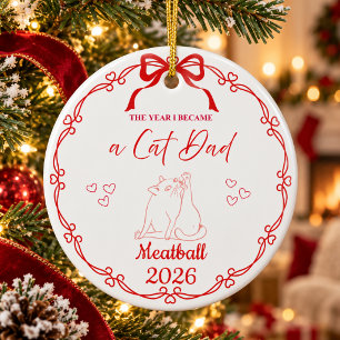 Festive Red Cat Dad Custom Name & Year Ceramic Tree Decoration