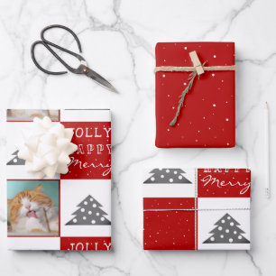 Festive Red Cat Photo Christmas Tree Wrapping Paper Sheet