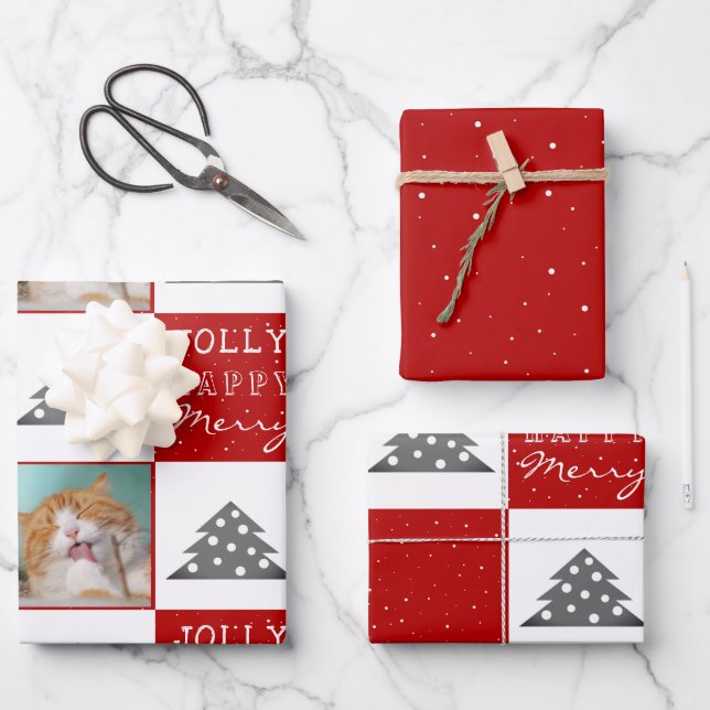 Festive Red Cat Photo Christmas Tree Wrapping Paper Sheet (Front)