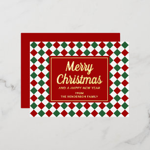 Festive Red Checked Merry Christmas Gold Foil Holiday Postcard