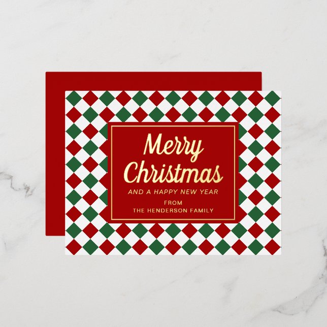 Festive Red Checked Merry Christmas Gold Foil Holiday Postcard (Front/Back)