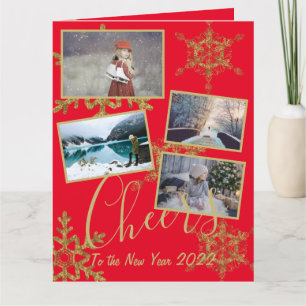 Festive Red Cheers New Year Gold Snowflake Photo Card