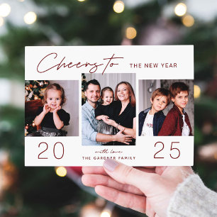 Festive Red Cheers to the New Year 2022   3 Photo Holiday Card
