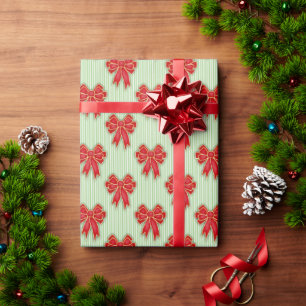 Festive Red Christmas Bows on Green Stripes Wrapping Paper