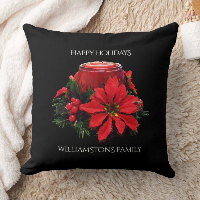 Festive Red Christmas Candle, Holly and Poinsettia Cushion (Blanket)