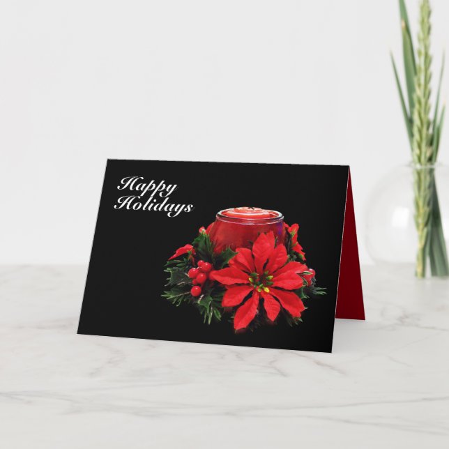 Festive Red Christmas Candle, Holly and Poinsettia Holiday Card (Front)