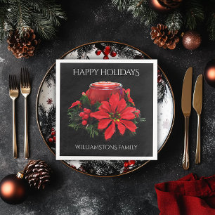 Festive Red Christmas Candle, Holly and Poinsettia Napkin