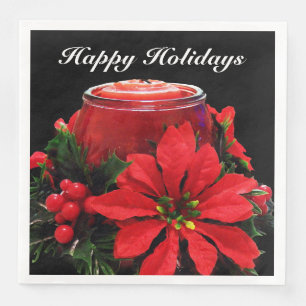 Festive Red Christmas Candle, Holly and Poinsettia Napkin