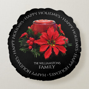 Festive Red Christmas Candle, Holly and Poinsettia Round Cushion