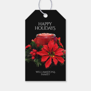 Festive Red Christmas Candle Holly Poinsettias Gift Tags