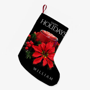 Festive Red Christmas Candle Holly Poinsettias Small Christmas Stocking