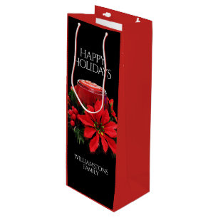 Festive Red Christmas Candle Holly Poinsettias Wine Gift Bag