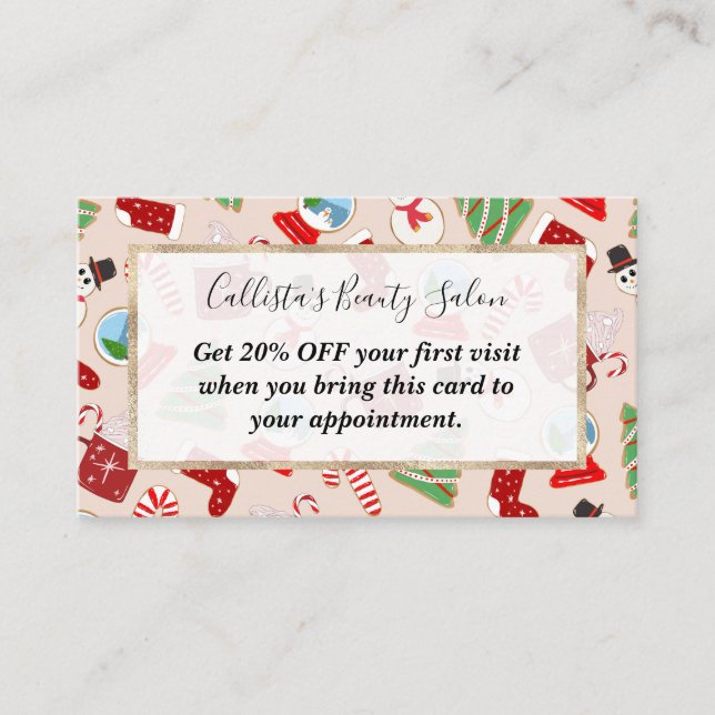 Festive Red Christmas Cookie Illustration Pattern Discount Card (Front)