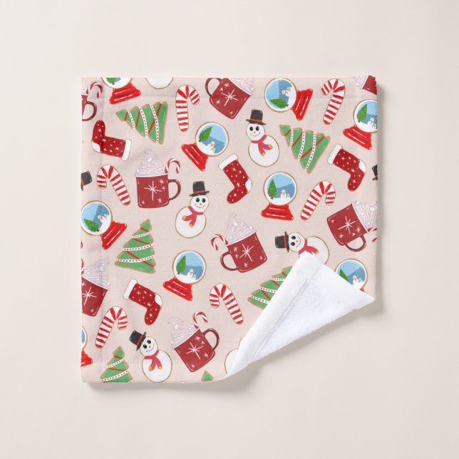 Festive Red Christmas Cookie Illustration Pattern Wash Cloth (Wash Cloth)