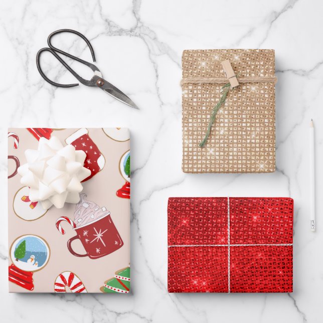 Festive Red Christmas Cookie Illustration Pattern Wrapping Paper Sheet (Front)