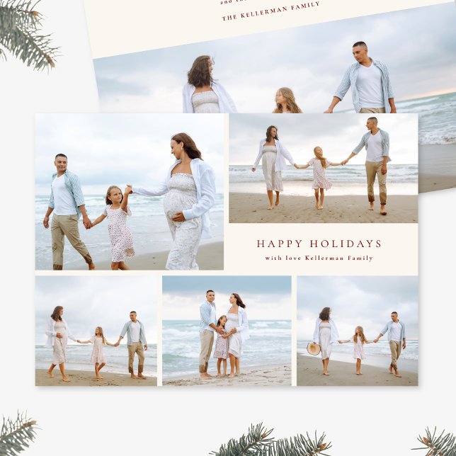 Festive Red Christmas Elegant Five Photo Collage Holiday Card (Creator Uploaded)