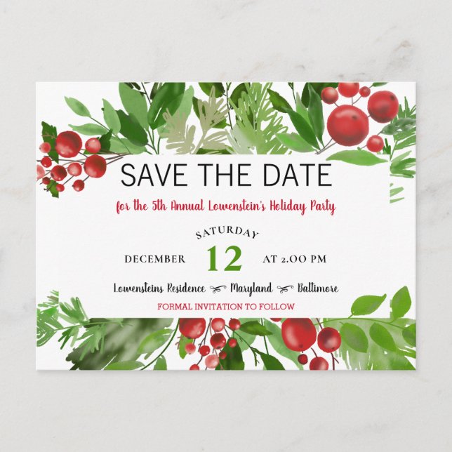 Festive Red Christmas Holiday Party  Save The Date Announcement Postcard (Front)