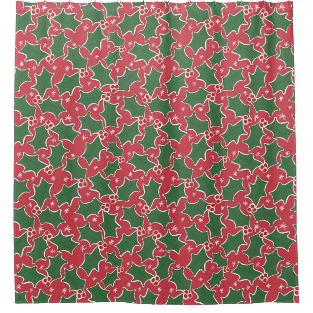 Festive Red Christmas Holly Shower Curtain (Front)