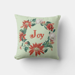 Festive Red Christmas Joy Floral Wreath on Sage Cushion