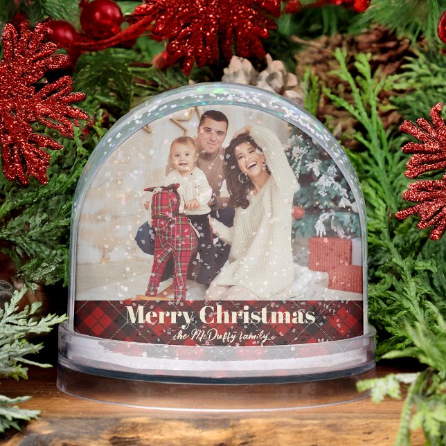 Festive Red Christmas Plaid Photo Snow Globe (Creator Uploaded)