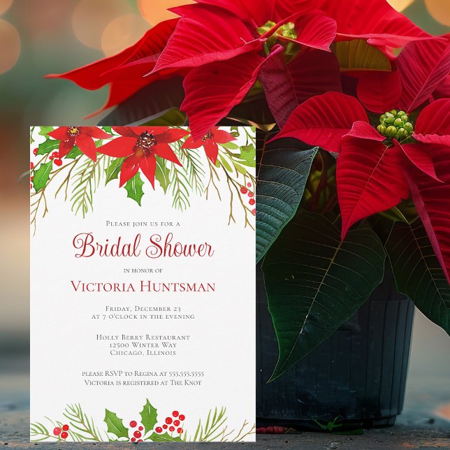 Festive Red Christmas Poinsettia Bridal Shower Invitation (Creator Uploaded)
