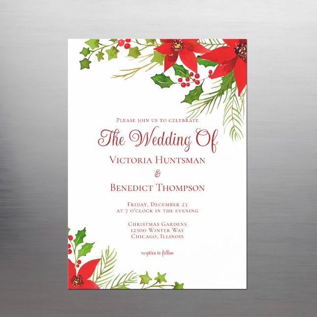 Festive Red Christmas Poinsettia Floral Wedding Magnetic Invitation (Creator Uploaded)
