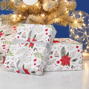 Festive Red Christmas Poinsettia & Greens on White Wrapping Paper