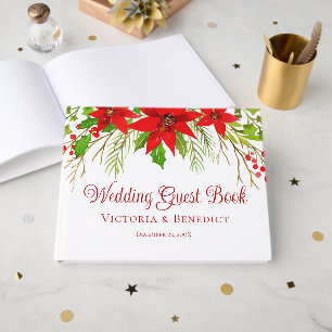 Festive Red Christmas Poinsettia Holiday Wedding Guest Book