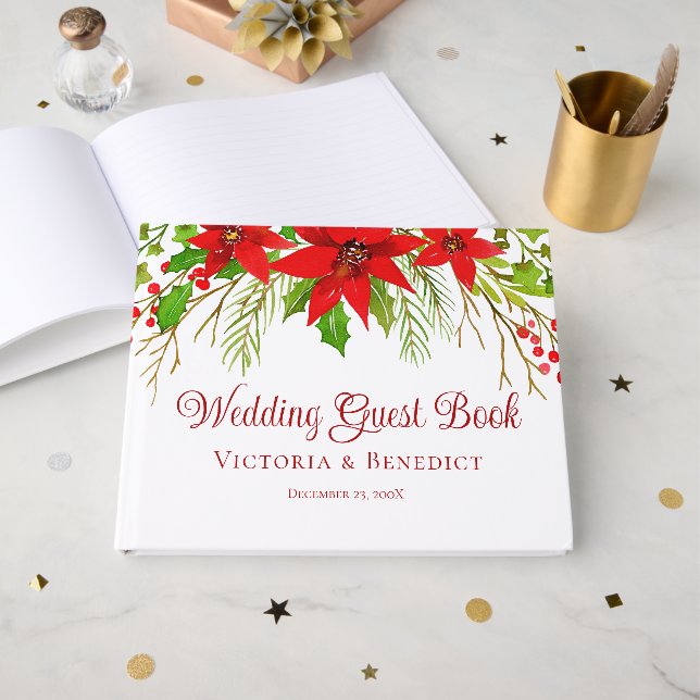 Festive Red Christmas Poinsettia Holiday Wedding Guest Book (Front Open)
