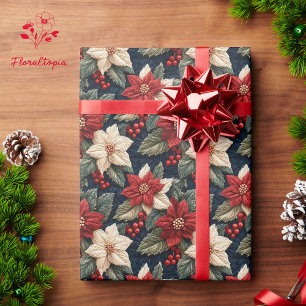 Festive Red Christmas Poinsettia Knitted Floral  Wrapping Paper