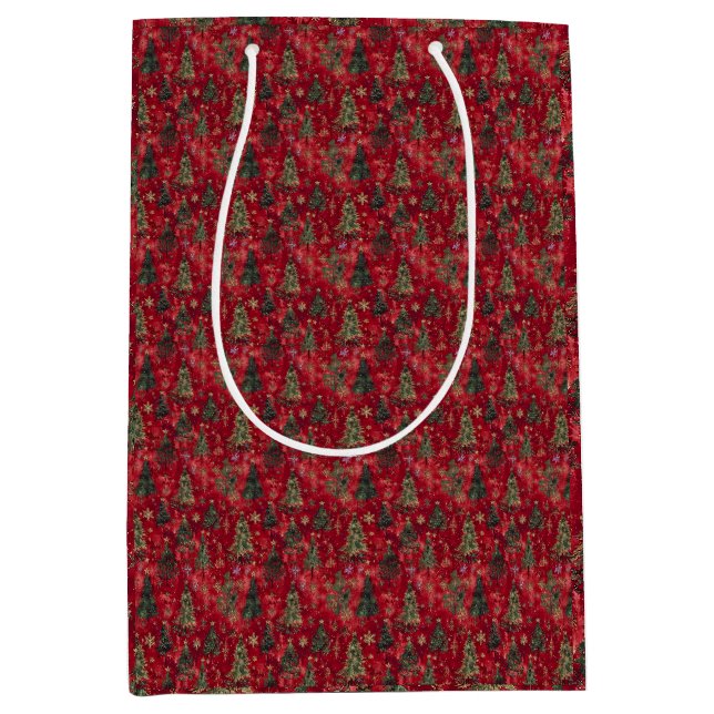 Festive Red Christmas Trees with Snowflakes Medium Gift Bag (Front)