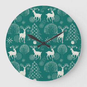 Festive red Christmas, winter forest. Large Clock