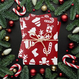 Festive Red Christmas With Holiday Icons Wrapping Paper Sheet