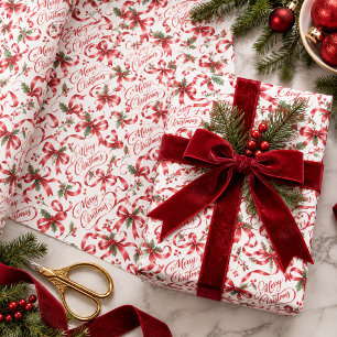 Festive Red Coquette Bow Merry Christmas Script Wrapping Paper