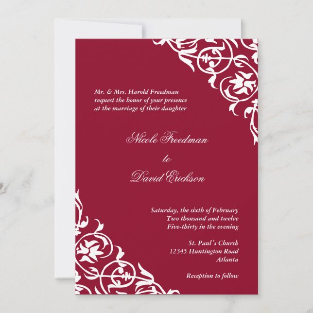 Festive red corner scroll script elegant wedding invitation (Front)