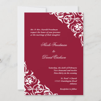 Festive red corner scroll script elegant wedding invitation