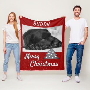 Festive Red Dog Pet Photo Christmas Tree   Fleece Blanket