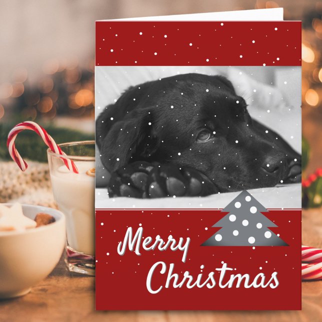 Festive Red Dog Pet Photo Tree Merry Christmas Holiday Card (Creator Uploaded)