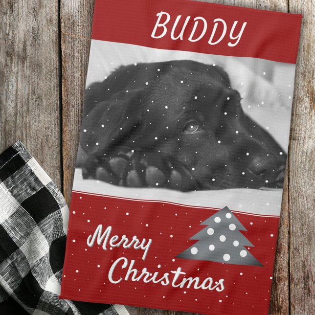Festive Red Dog Pet Photo Tree Merry Christmas  Tea Towel (Creator Uploaded)