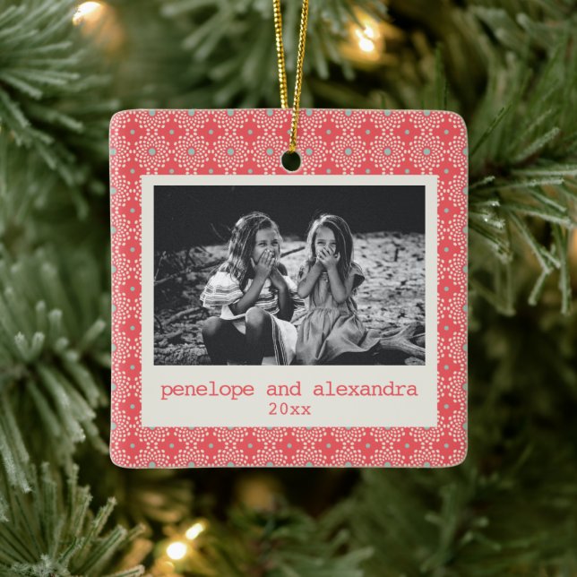 Festive Red Dot Pattern Stylish Personalized Photo Ceramic Ornament (Tree)