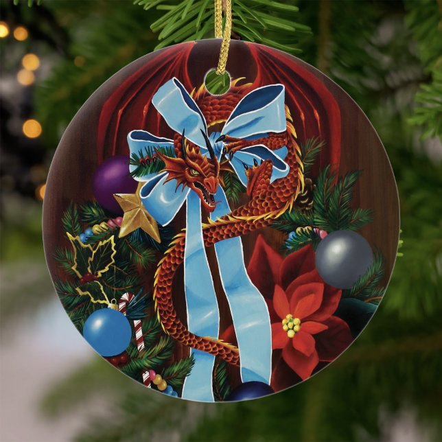 Festive Red Dragon Blue Ribbon Christmas Wreath  Ceramic Tree Decoration (Creator Uploaded)